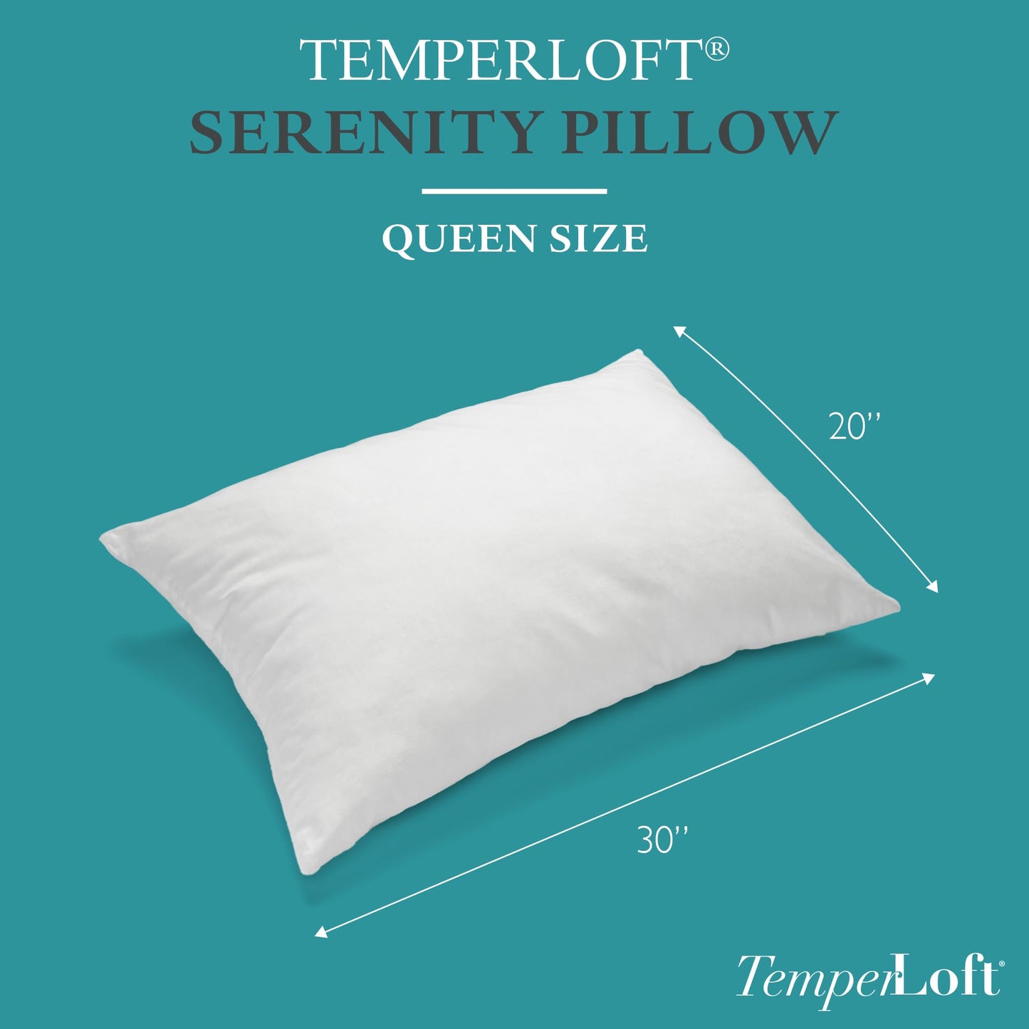 TemperLoft Serenity Pillows Queen (Set of 2), Down/Down Alternative Fill, 20x30, 100% Cotton Cover, Found in Leading Hotels Nationwide Hospitality Quality Delivered to Your Home