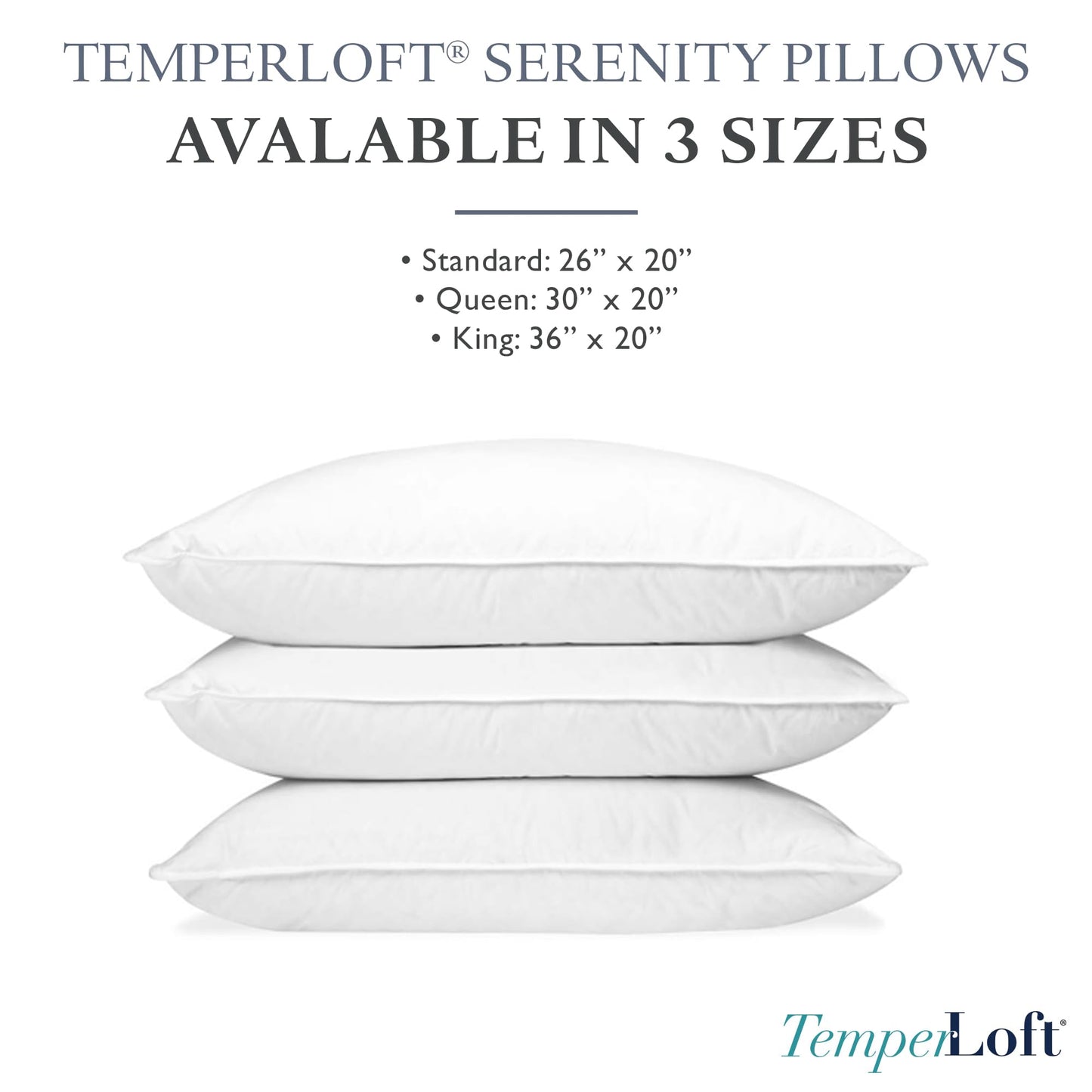 TemperLoft Serenity Pillows Queen (Set of 2), Down/Down Alternative Fill, 20x30, 100% Cotton Cover, Found in Leading Hotels Nationwide Hospitality Quality Delivered to Your Home