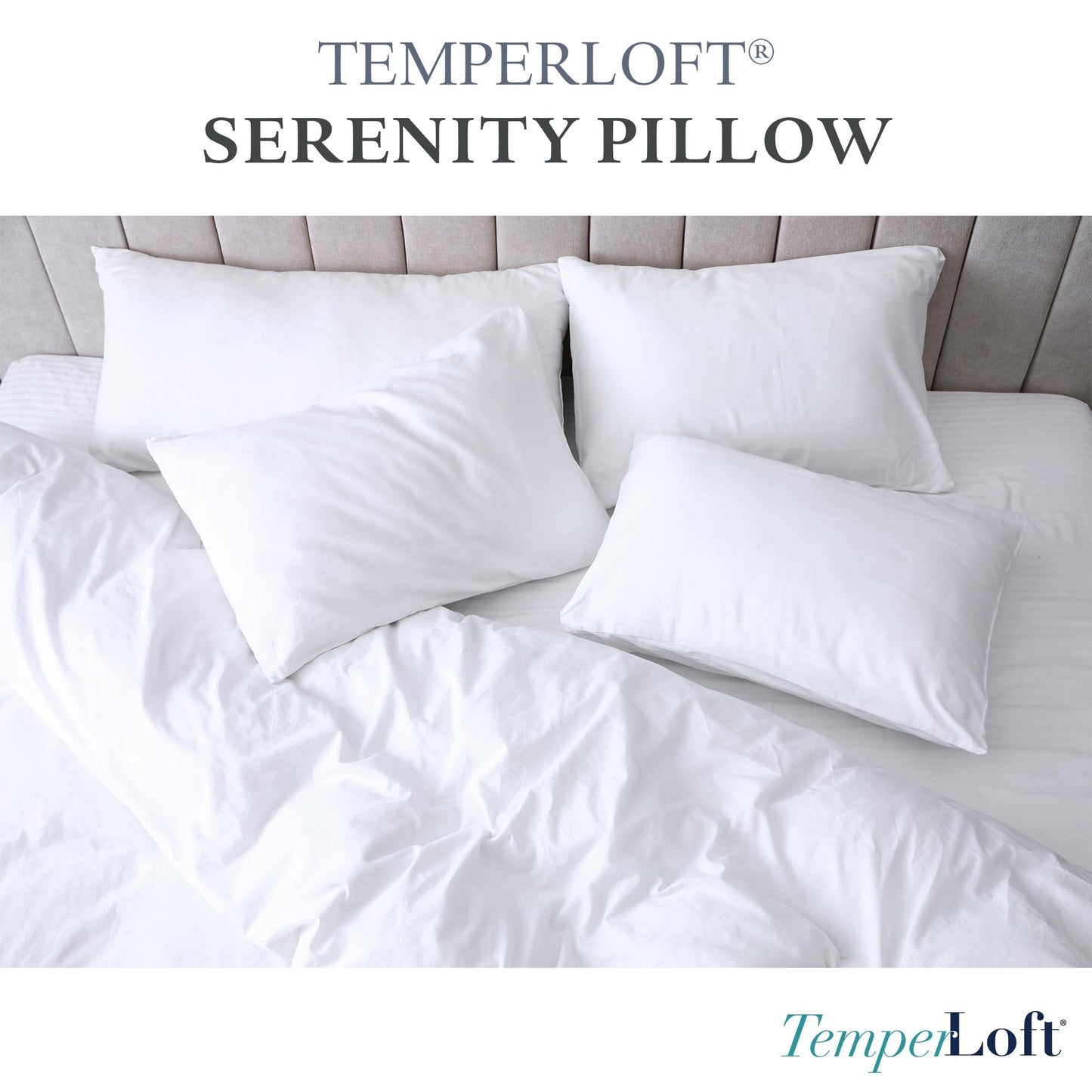 TemperLoft Serenity Pillows Queen (Set of 2), Down/Down Alternative Fill, 20x30, 100% Cotton Cover, Found in Leading Hotels Nationwide Hospitality Quality Delivered to Your Home