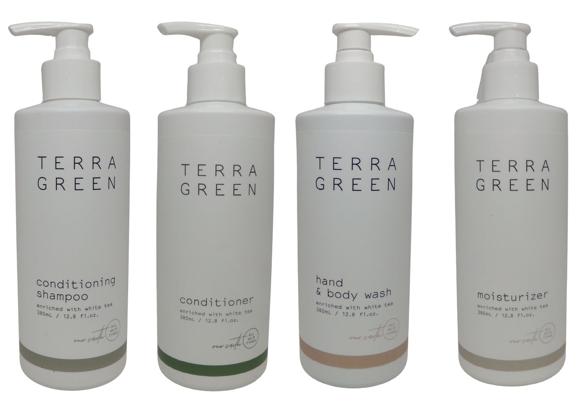Terra Green 4 Piece Bottle Set Shampoo, Conditioner, Lotion, Body Wash (12.8oz)