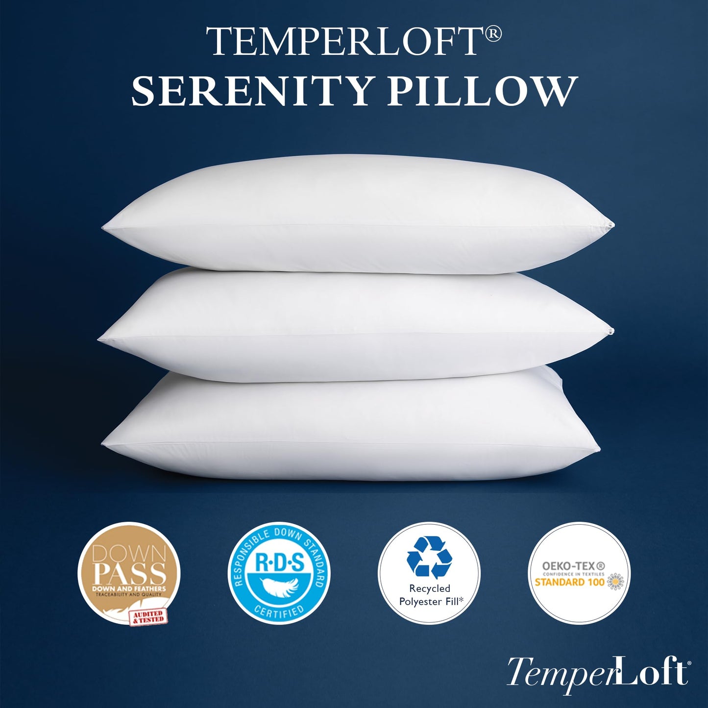 TemperLoft Serenity Pillows Queen (Set of 2), Down/Down Alternative Fill, 20x30, 100% Cotton Cover, Found in Leading Hotels Nationwide Hospitality Quality Delivered to Your Home