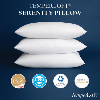 TemperLoft Serenity Pillows Queen (Set of 2), Down/Down Alternative Fill, 20x30, 100% Cotton Cover, Found in Leading Hotels Nationwide Hospitality Quality Delivered to Your Home