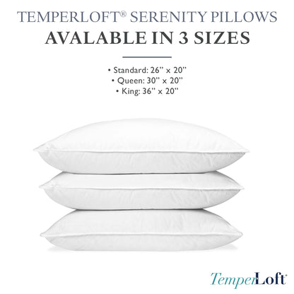 TemperLoft Serenity Pillows Queen (Set of 2), Down/Down Alternative Fill, 20x30, 100% Cotton Cover, Found in Leading Hotels Nationwide Hospitality Quality Delivered to Your Home