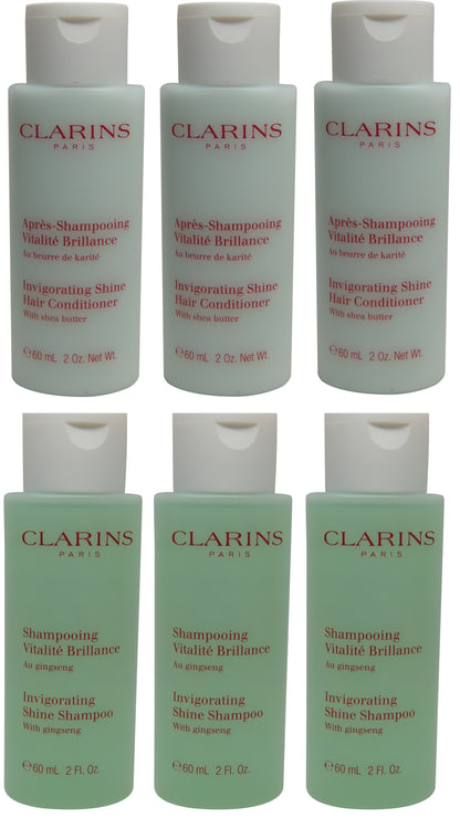 Clarins Invigorating Shine Shampoo & Conditioner lot of 6 ( 3 of each) 2oz Bottles