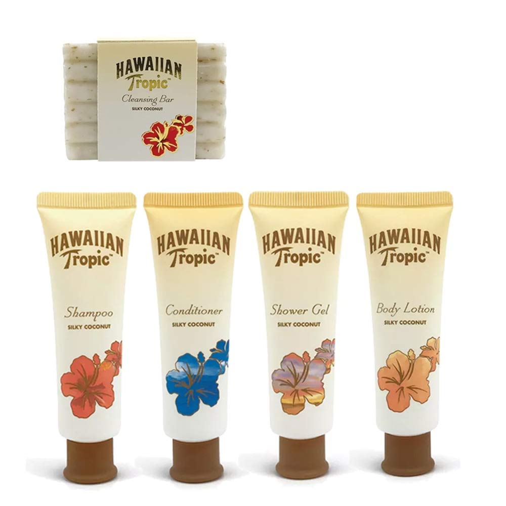 Hawaiian Tropic Amenities Travel Set - Set Includes Shampoo, Conditioner, Lotion, Shower gel, Cleansing Bar Massage Soap
