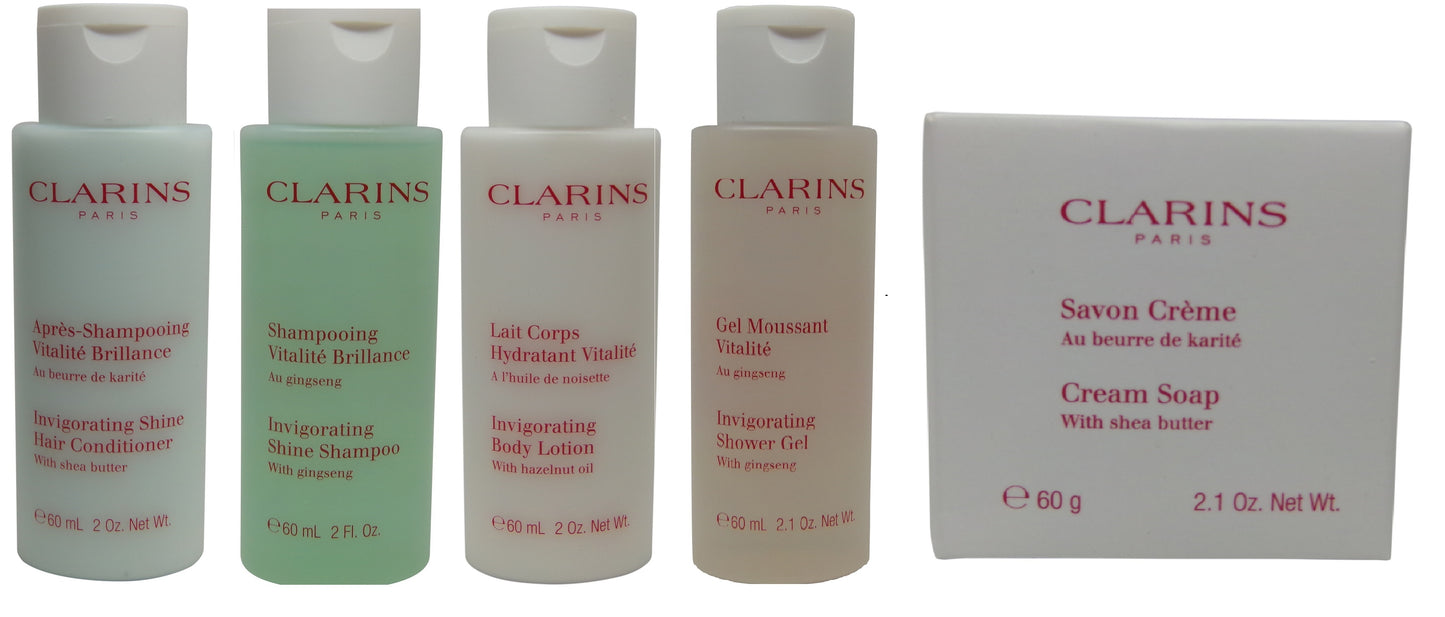 Clarins Invigorating Travel Set Shampoo Conditioner Lotion Gel Soap
