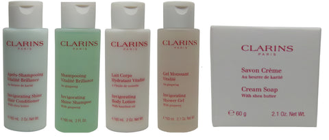 Clarins Invigorating Travel Set Shampoo Conditioner Lotion Gel Soap