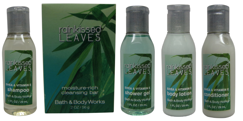 Bath Body Works Rainkissed Leaves Travel Set 1 Shampoo, 1 Conditioner, 1 Lotion, 1 Gel, & 1 Soap