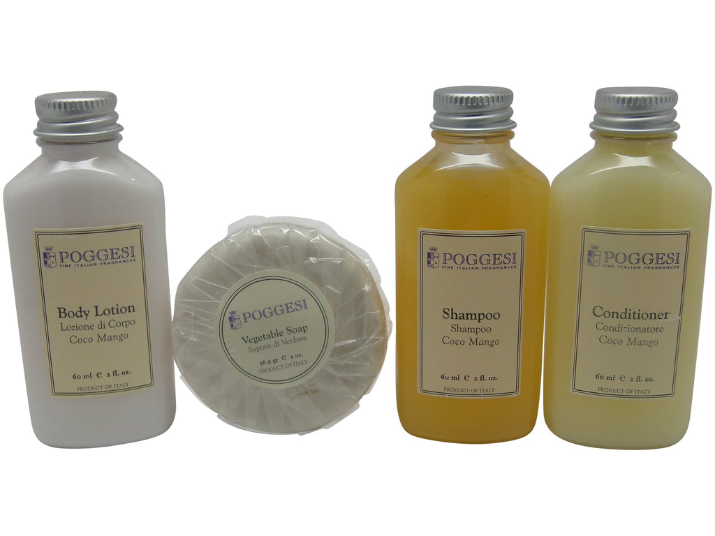 Poggesi Coco Mango Travel Set includes one of each Shampoo, Conditioner, Lotion, and soap